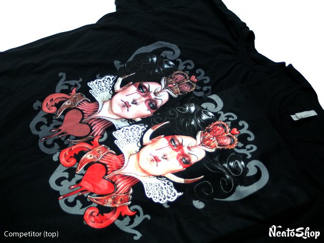 Side by side comparison of Red Queen shirts
